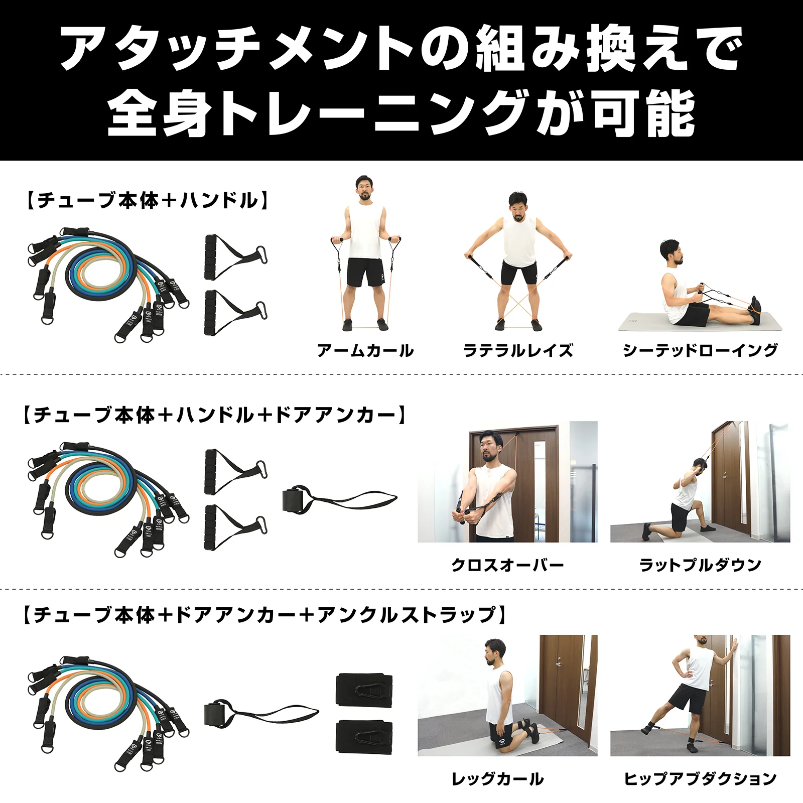 トレーニングチューブ ハンドルタイプ 強度別5本セット - Image 3